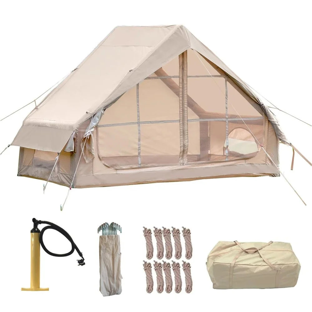 Oufan Inflatable Tents for Camping, Blow Up Tent with Hand Pump, Easy Setup 4 Season Waterproof Outdoor Tent, with 12 Mesh Window and Oxford Air Glamping Tents for Camping Adult 4-6 Person, Beige