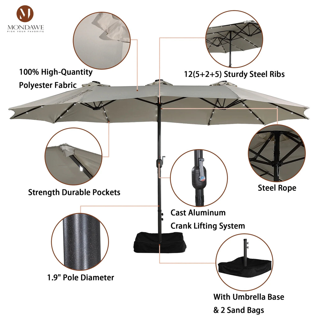 2026 NewMondawe 15ft Patio Umbrella Rectangular Outdoor Market Umbrella with Base and LED Lights Beige