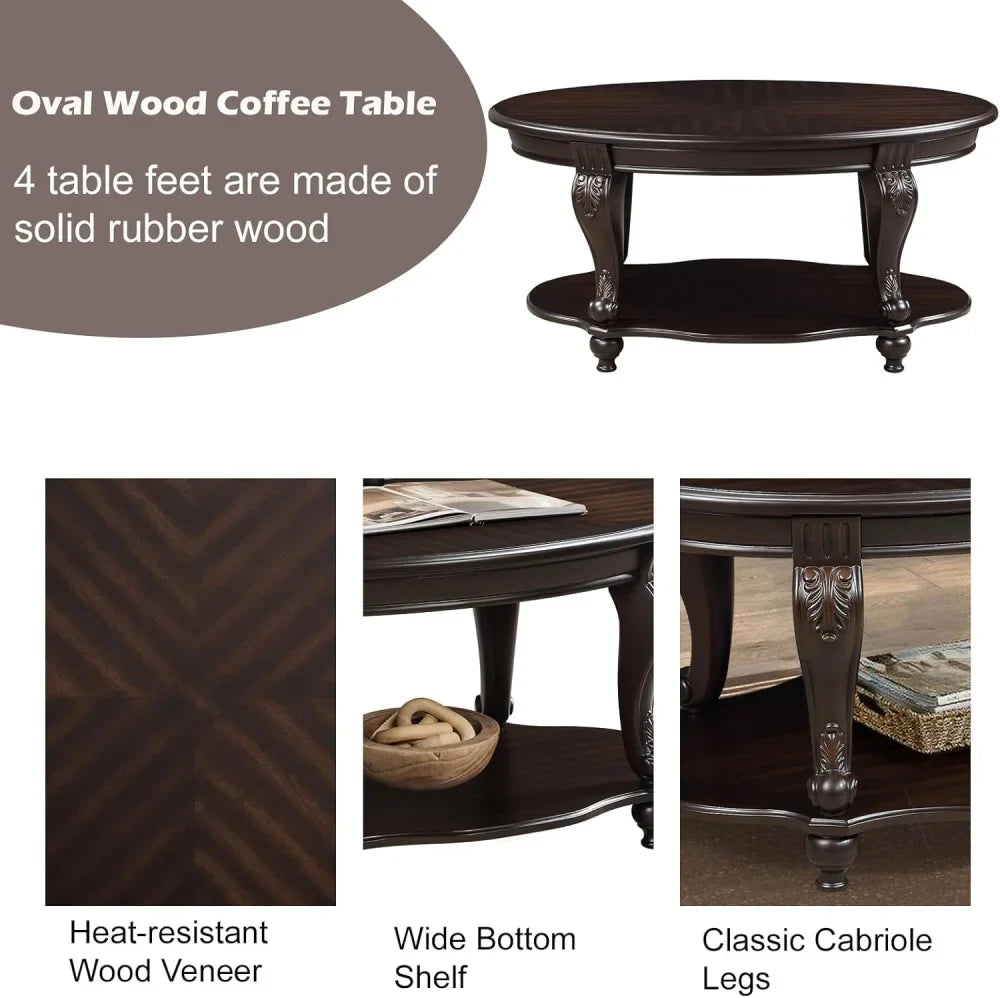 2026 New42" Oval Coffee Table with Storage Shelf, 2-Tier Solid Wood Cocktail Tea Table, Traditional Retro Center Table for Living Room, Bearing 400LBS, Cherry