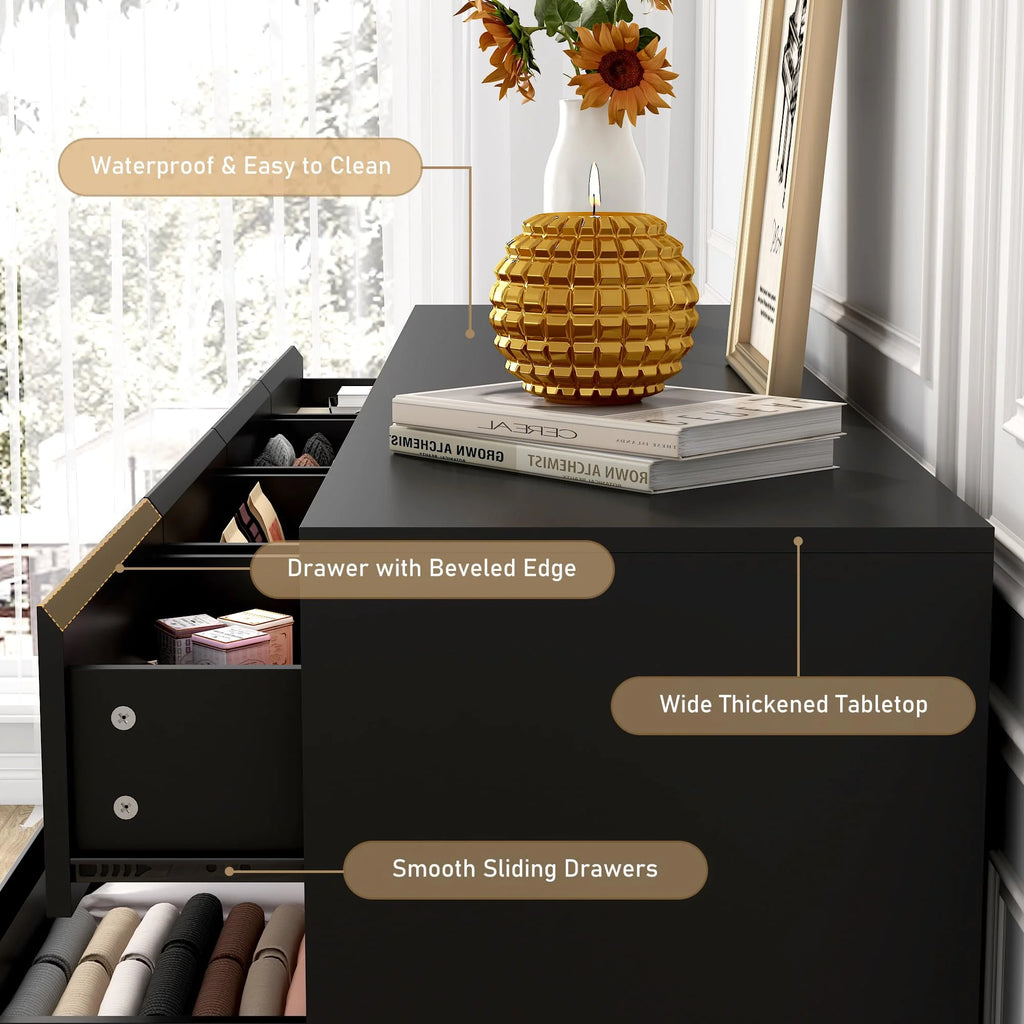 ChVans Black 9 Drawers Dresser with Charging Station, 63" Long Modern Dresser with 9 Drawers for Bedroom, Large Wood Chest of Drawers Handle Free, Dresser for Bedroom, Living Room, Hallway