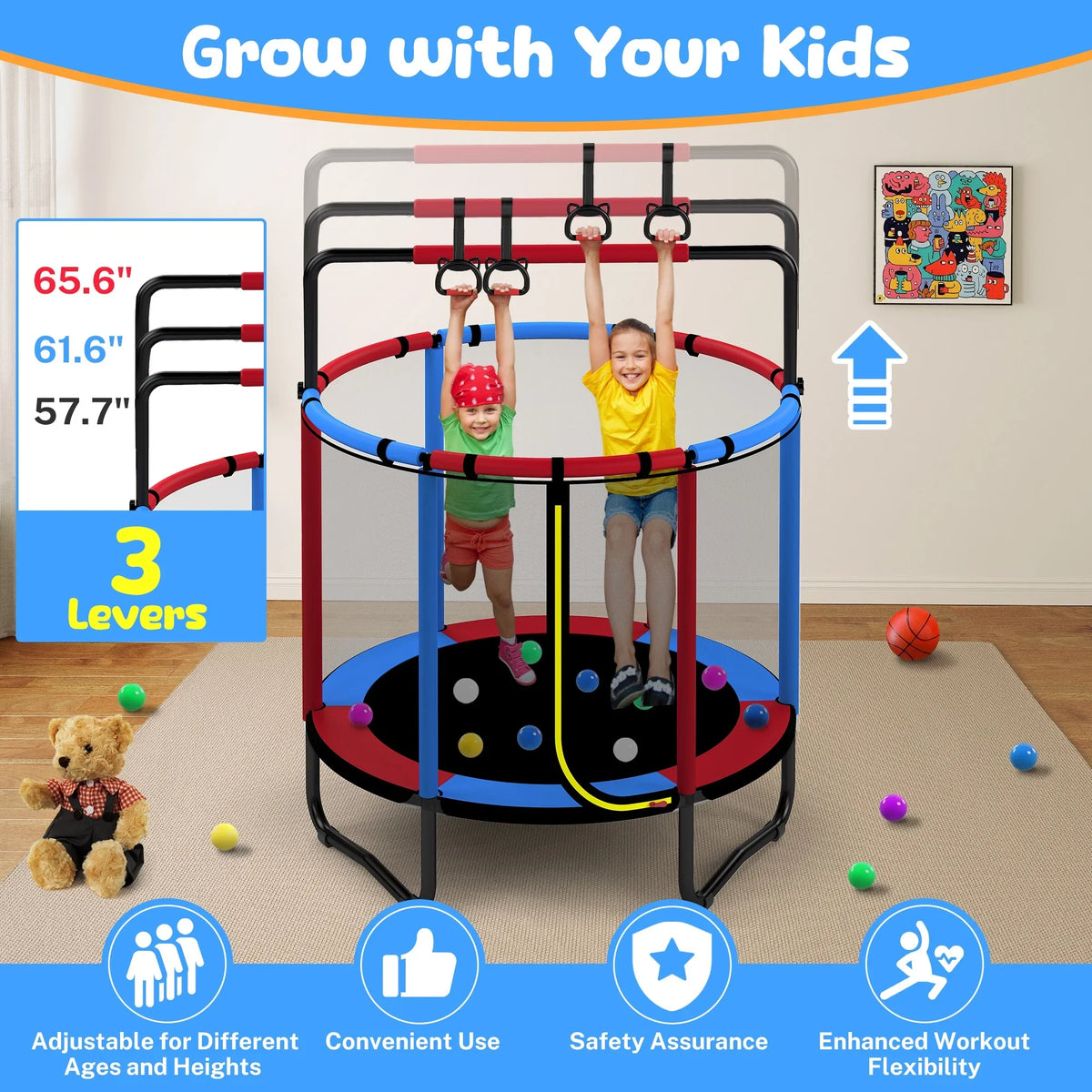 2026 NewMini Round Trampoline for Kids with Basketball Hoop, SEGMART 55'' Indoor Outdoor Toddler Trampoline with Enclosure Net, Swing, Sandbag, Ring, Ocean Balls, Small Trampoline Gift for Boys Girls, Blue