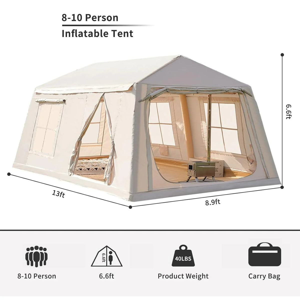 Zikebtuy 2/6/8 Person Inflatable Camping Tent, Easy Setup Blow Up Air Tent with Hand Pump, Waterproof 4-Season Glamping Tent with Large Mesh Windows & Oversized Canopy for Couples, Group & Family