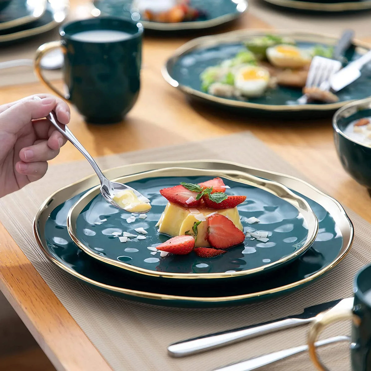 2026 NewLOVECASA Dinnerware Sets, Stoneware Dinner Set for 8, 32-Piece Round Dark Green and Gold, Series Sweet
