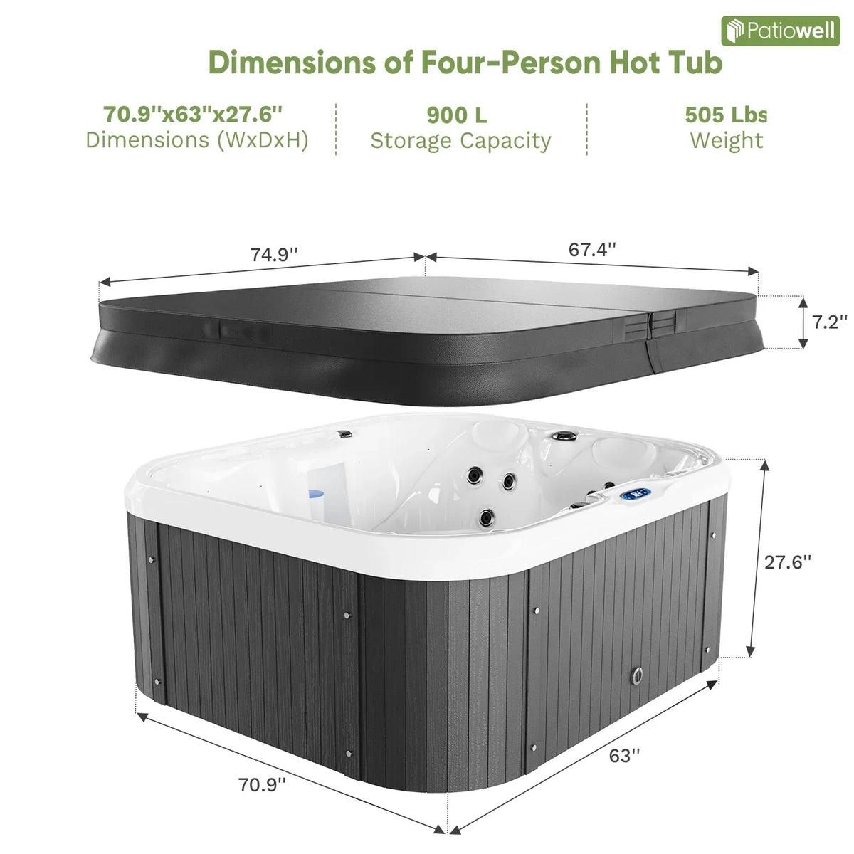 2026 NewPatiowell 2 Person Home Spa Hot Tub for Outdoor, with 41pcs Massage Jets, LED lighting, Built-In Water Purification System, 900L, Black