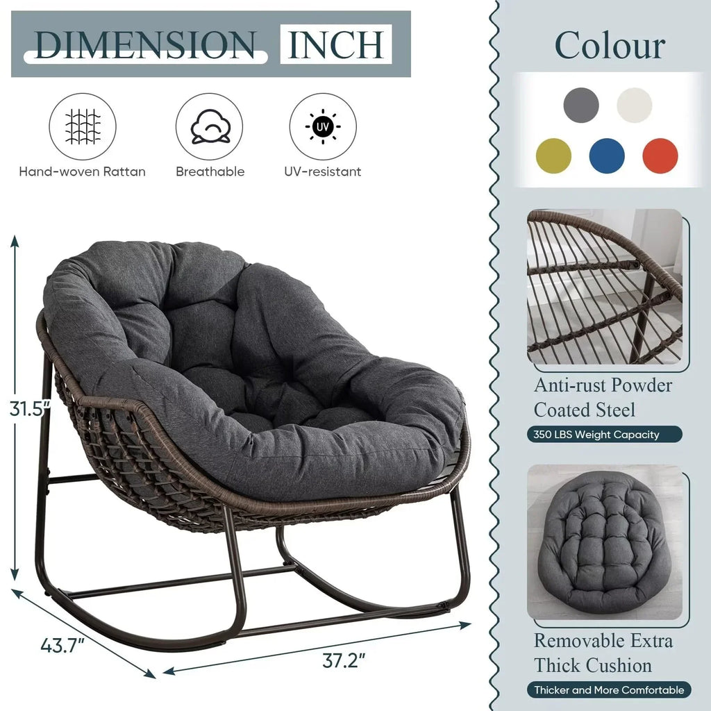 2026 NewOutdoor Papasan Rocking Chair, Patio Oversized Wicker Egg Rocking Chair, Indoor & Outdoor Comfy Rocker Chair with Thick Cushion, Modern Lounge Chair for Front Porch, Garden, Backyard, Grey