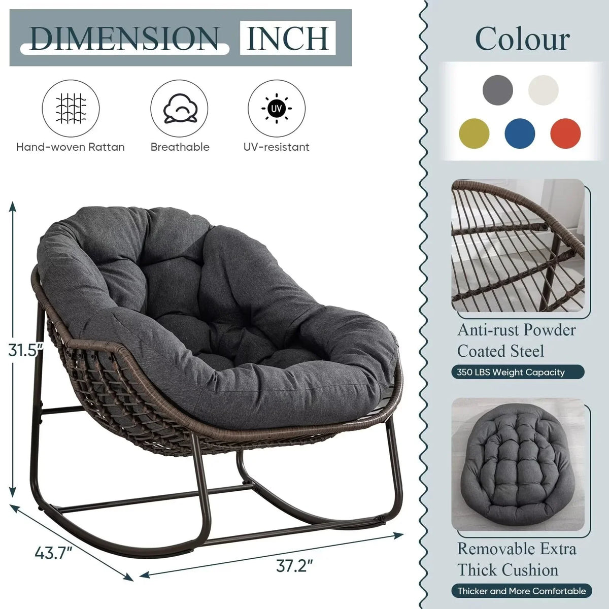 2026 NewOutdoor Papasan Rocking Chair, Patio Oversized Wicker Egg Rocking Chair, Indoor & Outdoor Comfy Rocker Chair with Thick Cushion, Modern Lounge Chair for Front Porch, Garden, Backyard, Grey