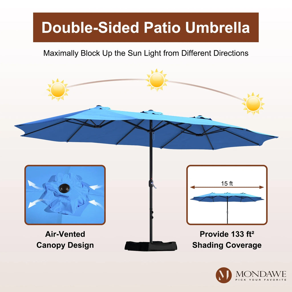 2026 NewMondawe 15ft Patio Umbrella Rectangular Outdoor Market Umbrella with Base and LED Lights Beige
