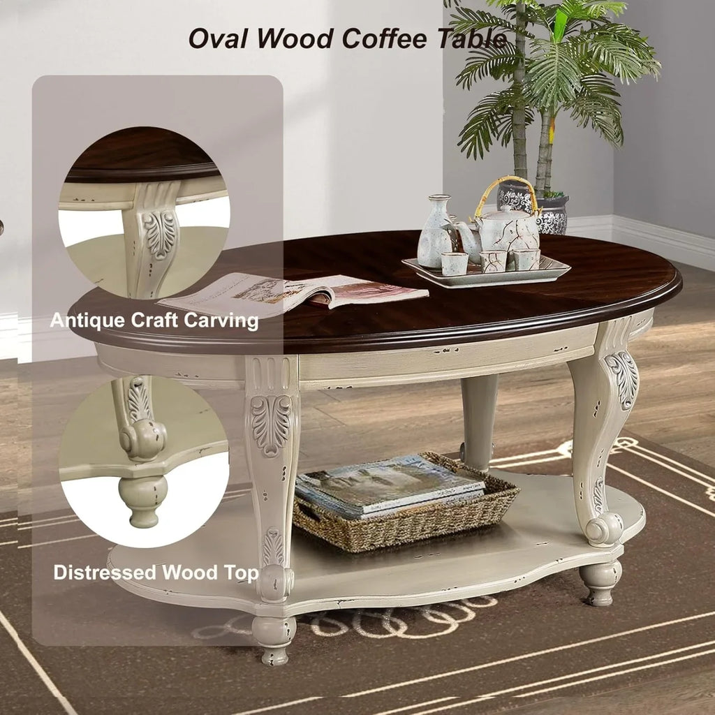 2026 New42" Oval Coffee Table with Storage Shelf, 2-Tier Solid Wood Cocktail Tea Table, Traditional Retro Center Table for Living Room, Bearing 400LBS, Cherry