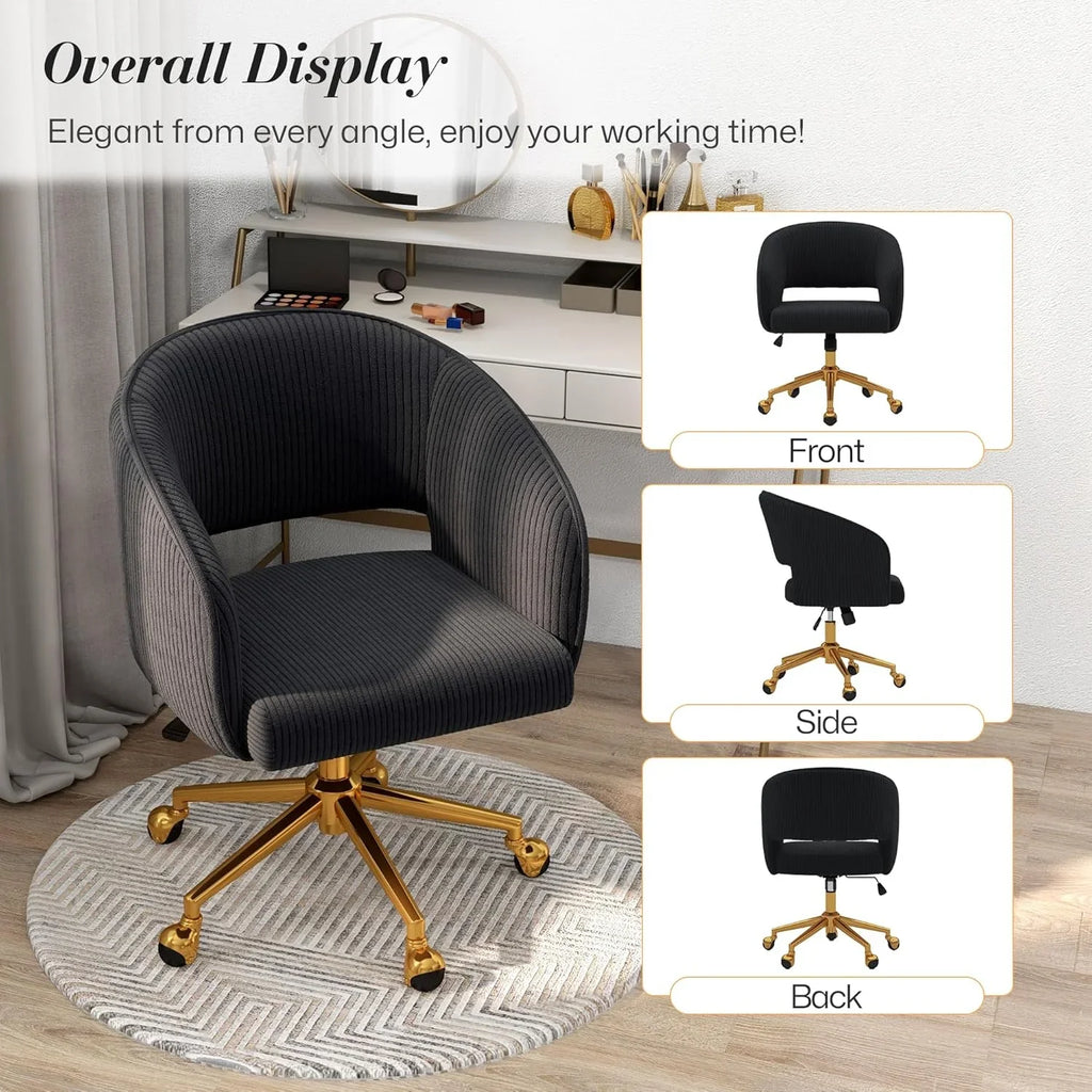 2026 NewHome Office Swivel Desk Chair, Modern Velvet Vanity Chair, Height Adjustable Armchair with Gold Base, Ergonomic Office Chair for Task Study Computer Room, Beige