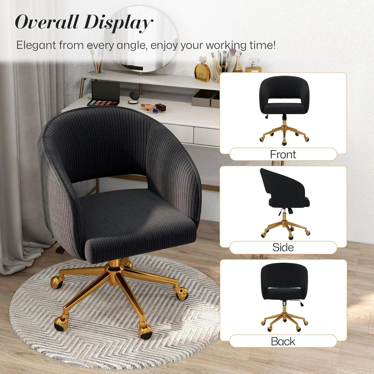2026 NewHome Office Swivel Desk Chair, Modern Velvet Vanity Chair, Height Adjustable Armchair with Gold Base, Ergonomic Office Chair for Task Study Computer Room, Beige