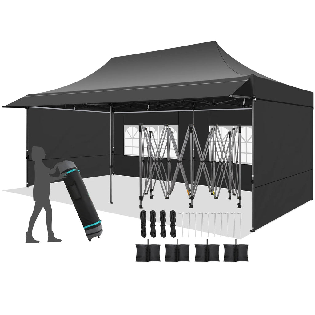 COBIZI 10x20 Pop Up Canopy Heavy Duty Party Tent with Removable Awning and Sidewalls,Easy Up Outdoor Wedding Canopy,Gazebo All Season Windproof&Waterproof with Roller Bag UPF 50+,Black