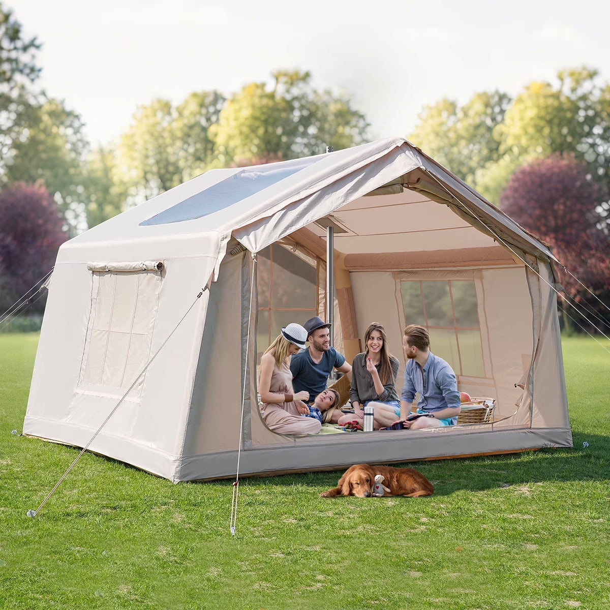 Slsy 4-6 Person Inflatable Camping Tents with Hand Pump & Carry Bag, Air Glamping Tents, Easy Setup Waterproof Windproof Blow up Tent, 4 Seasons Oxford Cabin Tent with Mesh & Chimney Window