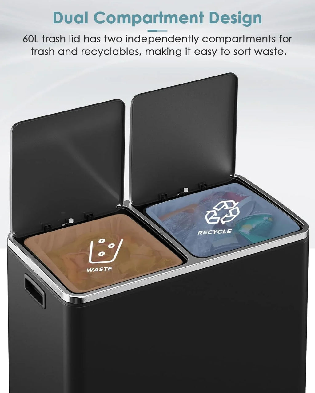 2026 NewLAZY BUDDY Dual Garbage Can, Stainless Steel 16 Gallon Step Kitchen Trash Can with Soft-Close Lid, Double Compartment Garbage Recycling Bin