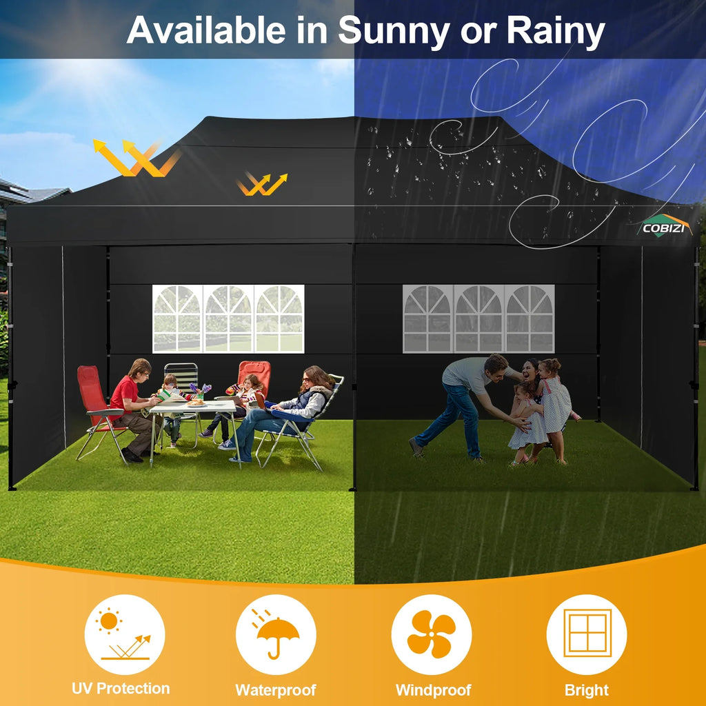 COBIZI 10x20 Heavy Duty Pop up Canopy Tent with 6 sidewalls Easy Up Commercial Outdoor Canopy Wedding Party Tent for Beach All Season Wind & Waterproof Gazebo with Roller Bag,Black(Frame Thickened)