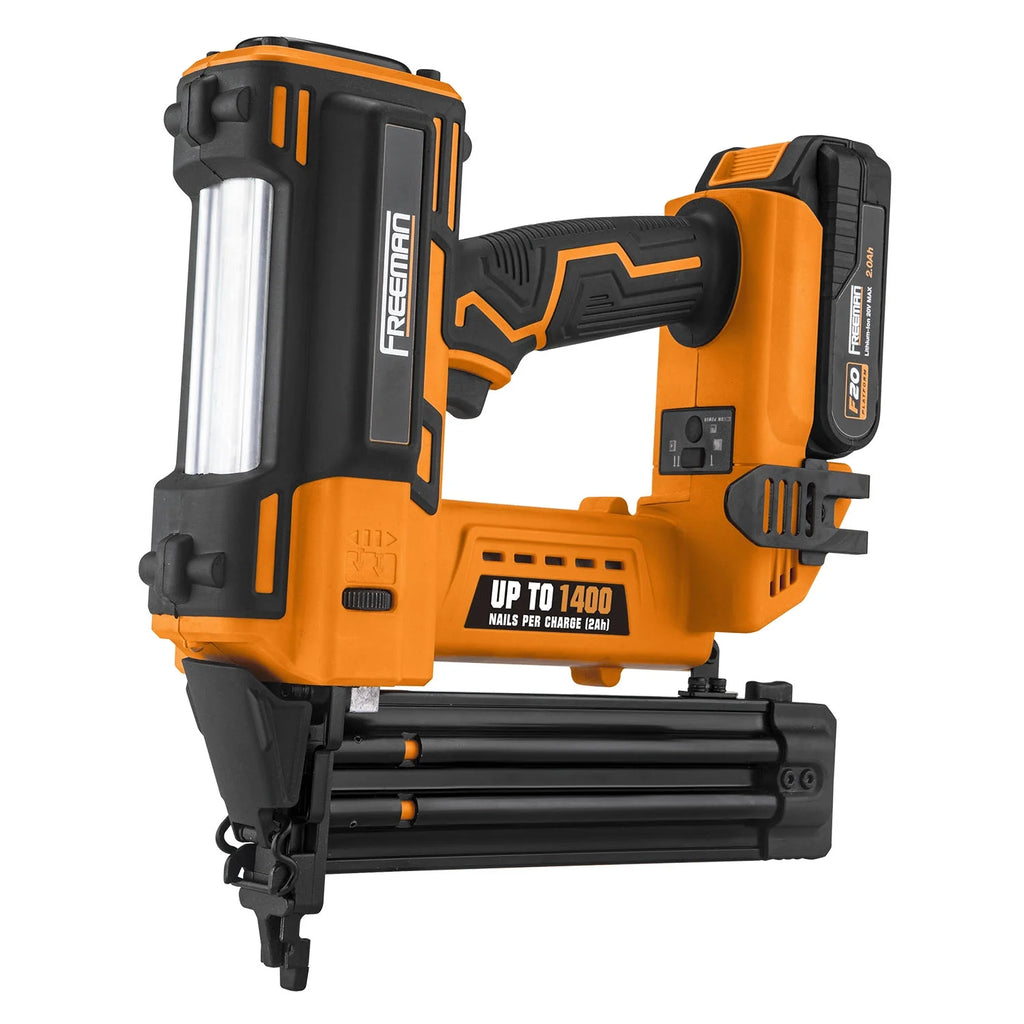 Freeman PE20VBR50 20 Volt Cordless 18-Gauge 2" Brad Nailer Kit with Lithium Ion Battery, Charger, Bag, and Nails (500 Count) -C 1400 Shots per Charge