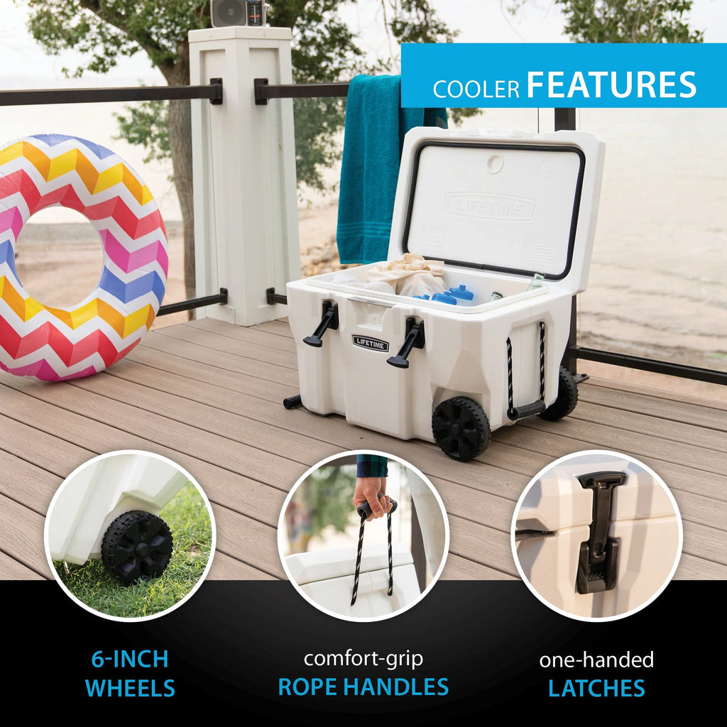 Lifetime 55 qt Bear-Resistant Camping Cooler Wheeled, Premium High Performance, Ice Retention, Hard Cooler, 60 Can Capacity, White (91072)