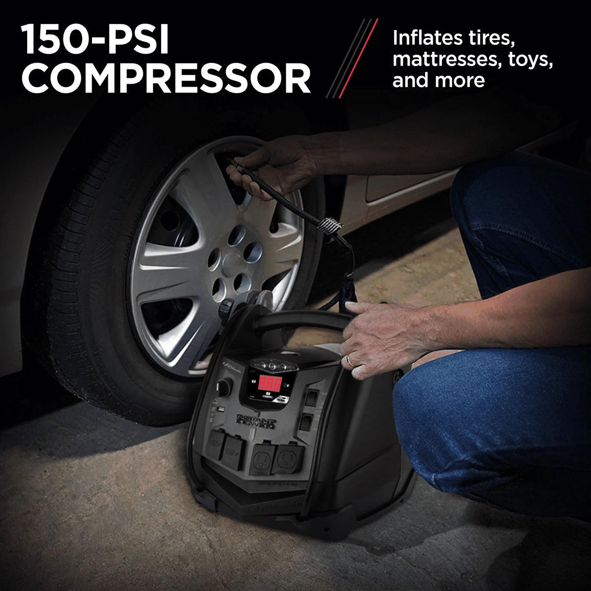 Schumacher SJ1427 6-in-1 Portable Power Station and 1500 Peak Amp Jump Starter -?150-PSI Air Compressor and 200 Continuous/400 Peak Watt Power Inverter -?Works with Apple and Android Devices
