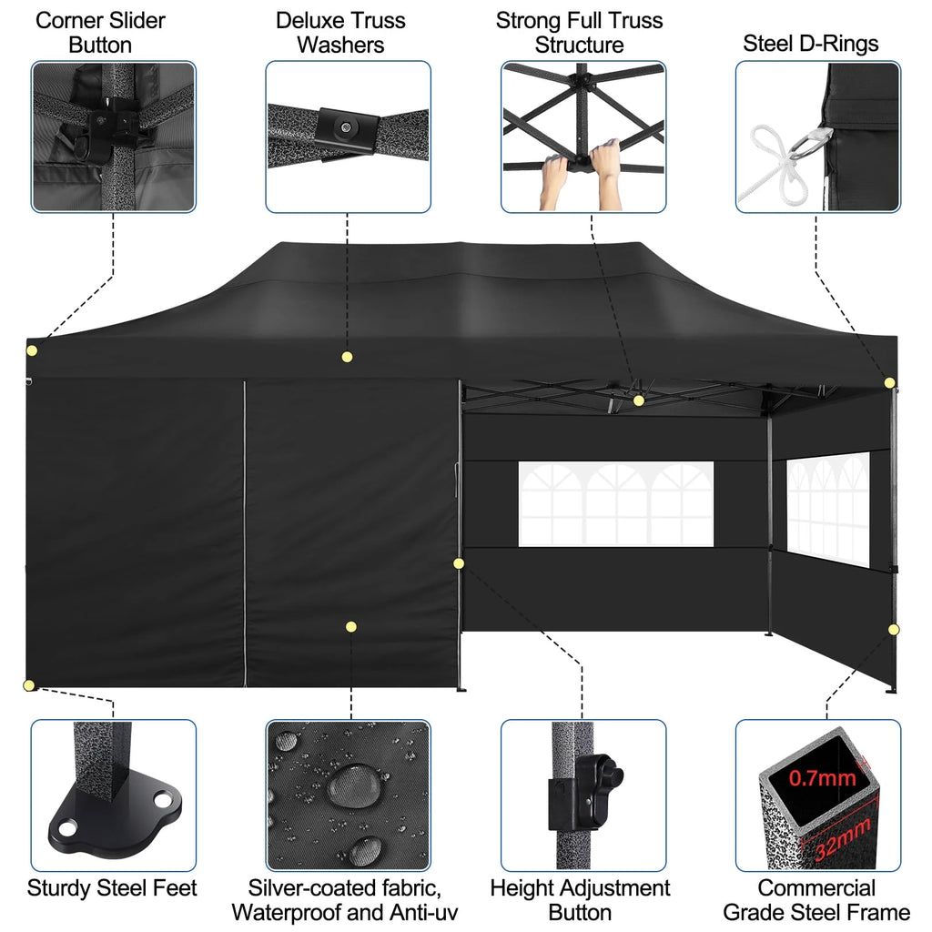 SANOPY 10'x20' Pop Up Canopy Waterproof Folding Tent Outdoor Easy Set-up Instant Tent Heavy Duty Commercial Wedding Party Shelter with 6 Removable Sidewalls, 4 Sandbags, Roller Bag, Black