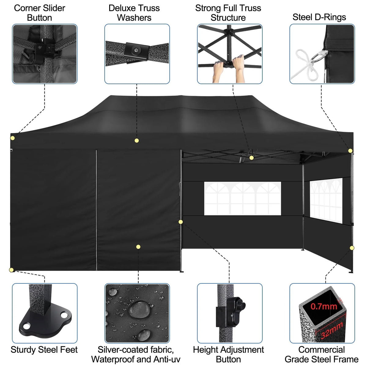 SANOPY 10'x20' Pop Up Canopy Waterproof Folding Tent Outdoor Easy Set-up Instant Tent Heavy Duty Commercial Wedding Party Shelter with 6 Removable Sidewalls, 4 Sandbags, Roller Bag, Black