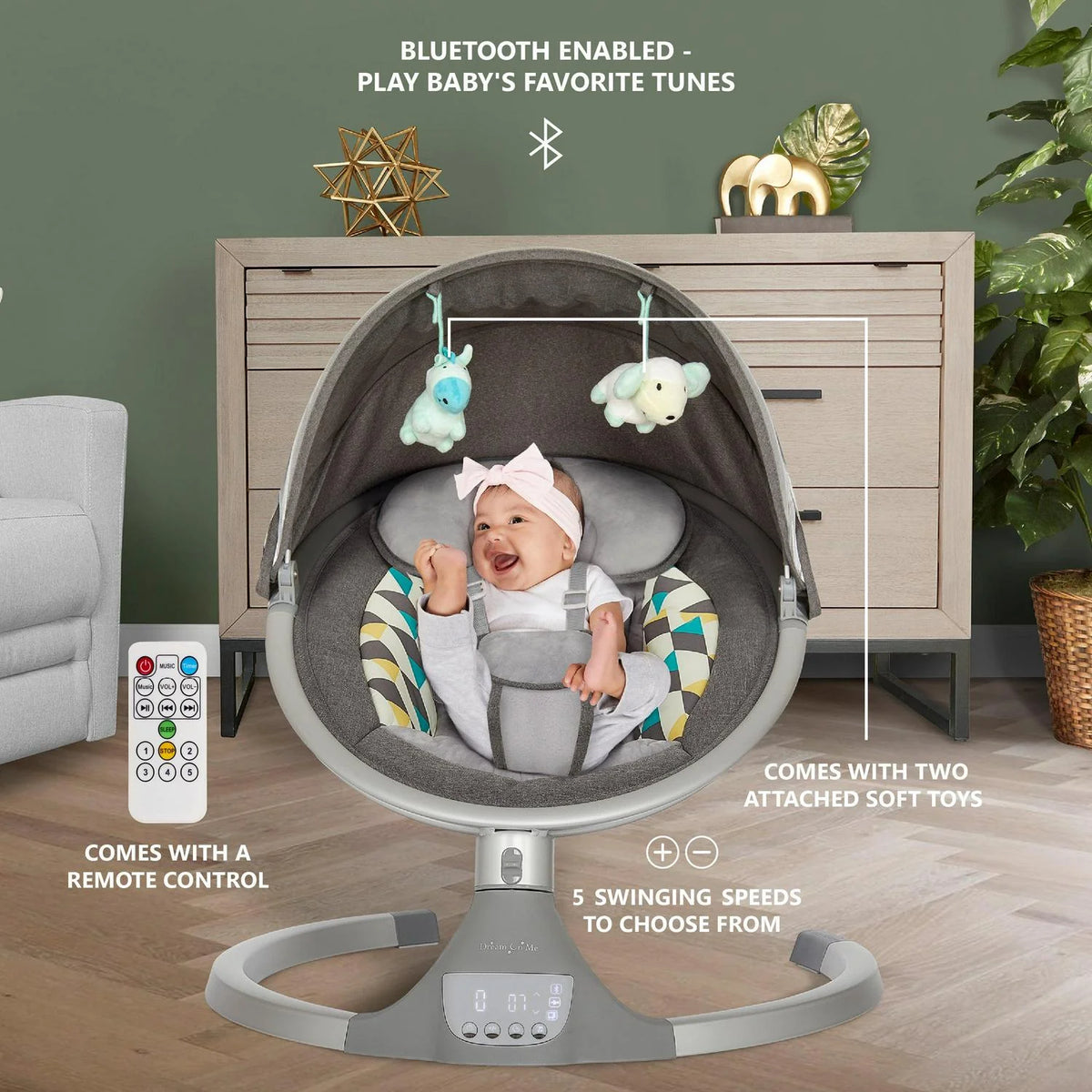 2026 NewDream On Me Zazu Baby Swing. Baby Swing for Infant. 5 - Swinging Speed. Two Attached Toys. Bluetooth Enabled and Remote Control. Grey and Blue