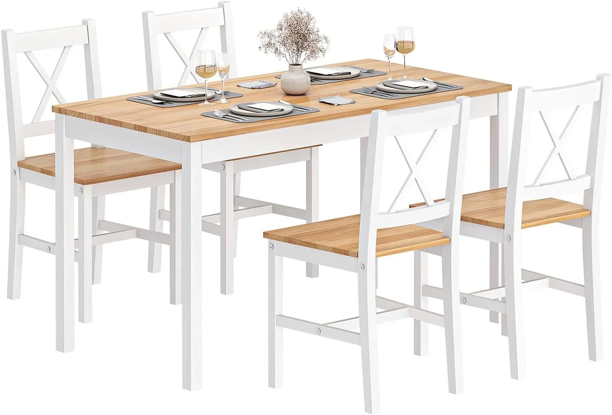 2026 NewSoges 5 Pieces Dining Table Set, Pine Wood Kitchen Dining Table with 4 Chairs, Wood Rectangular kitchen table and chairs for 4, Small Dining Set for Bar Dining Room Breakfast Nook, White and Gray