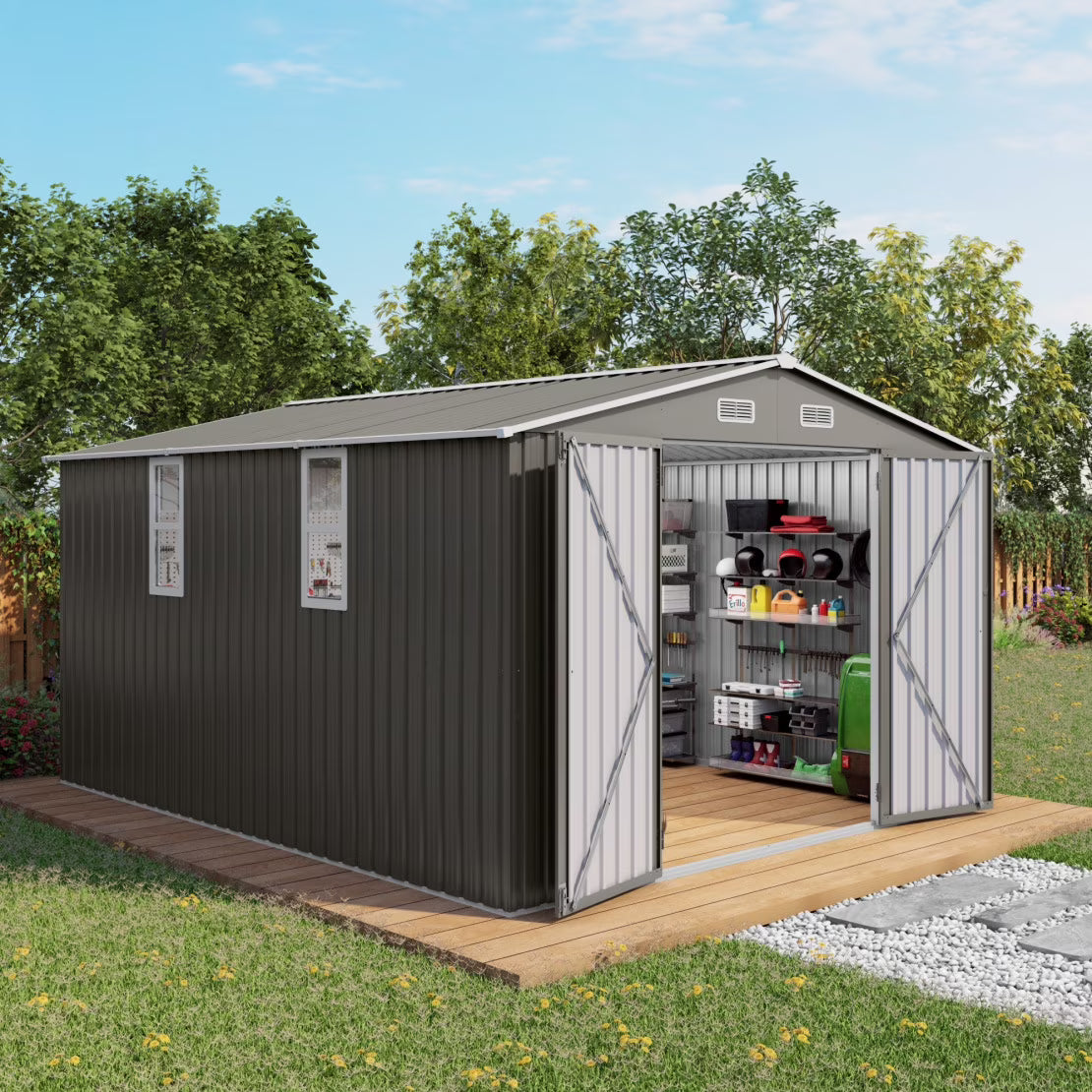 2026 New10 x 8 FT Outdoor Storage Shed, Large Metal Storage Shed, Lockable Door and Air Vent, Clear Window Garden Tool Shed for Bicycles, Tools, Lawnmowers, Backyards, Patios, Lawns - Gray