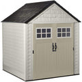 Rubbermaid 7 x 7 Ft Durable Weather Resistant Resin Outdoor Garden Storage Shed with Windows and Utility Hooks, Sand