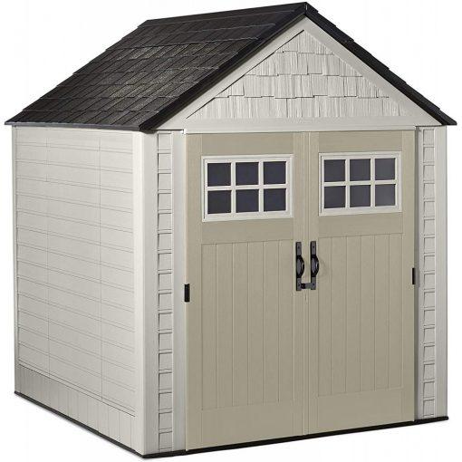 Rubbermaid 7 x 7 Ft Durable Weather Resistant Resin Outdoor Garden Storage Shed with Windows and Utility Hooks, Sand