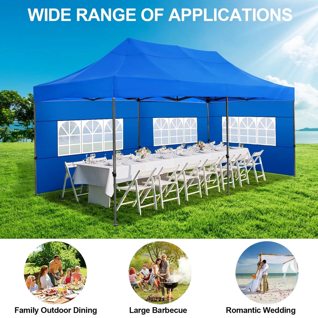 SANOPY 10'x20' Pop Up Canopy Waterproof Folding Tent Outdoor Easy Set-up Instant Tent Heavy Duty Commercial Wedding Party Shelter with 6 Removable Sidewalls, 4 Sandbags, Roller Bag, Black