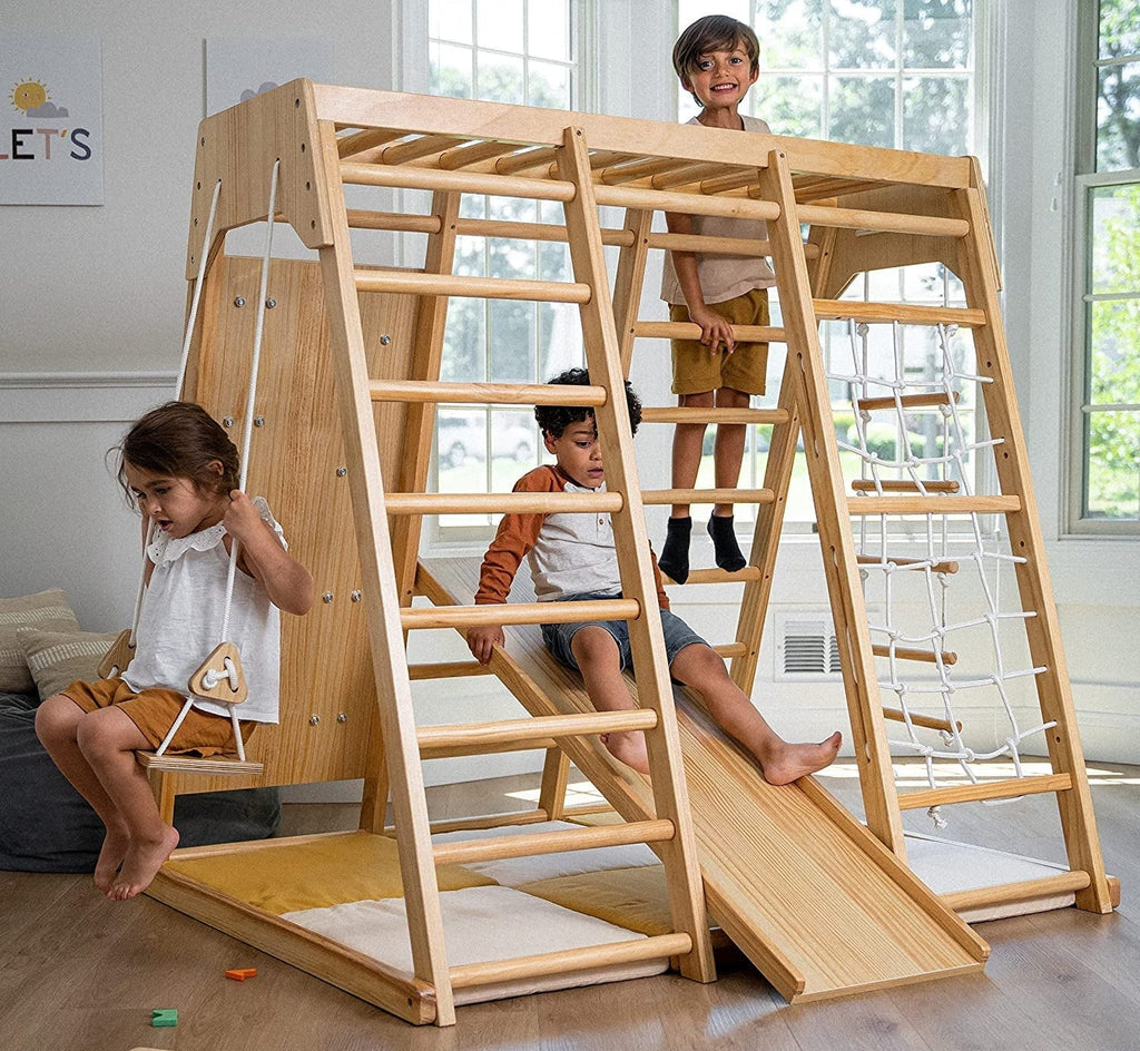 2026 NewAvenlur Indoor Toddler and Child Indoor Gym Playground Climber - Real Wooden Playset 6-in-1 Slide, Rock Climb Wall, Rope Wall Climbing, Monkey Bars, Swing, Ladder Fun Gym for Children