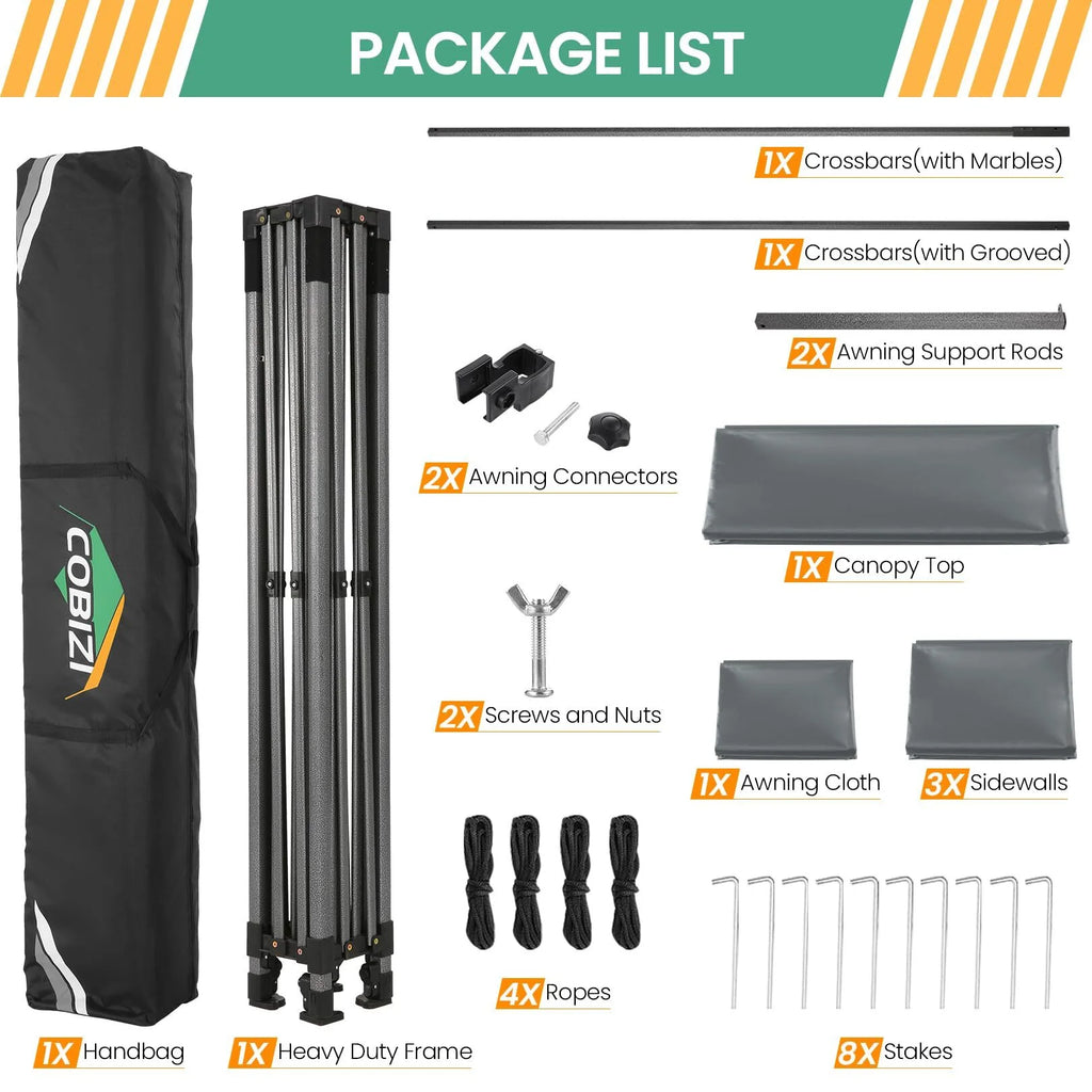 COBIZI 10x20 Pop Up Canopy Heavy Duty Party Tent with Removable Awning and Sidewalls,Easy Up Outdoor Wedding Canopy,Gazebo All Season Windproof&Waterproof with Roller Bag UPF 50+,Black