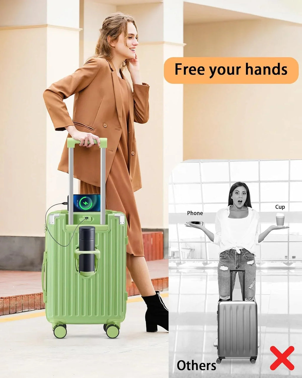 2026 New20 Inch Carry On Luggage With Cup Holder & USB Port, Airline Approved TSA-locked Luggage, Lightweight PC Material Travel Suitcase With 360" Spinner Wheel