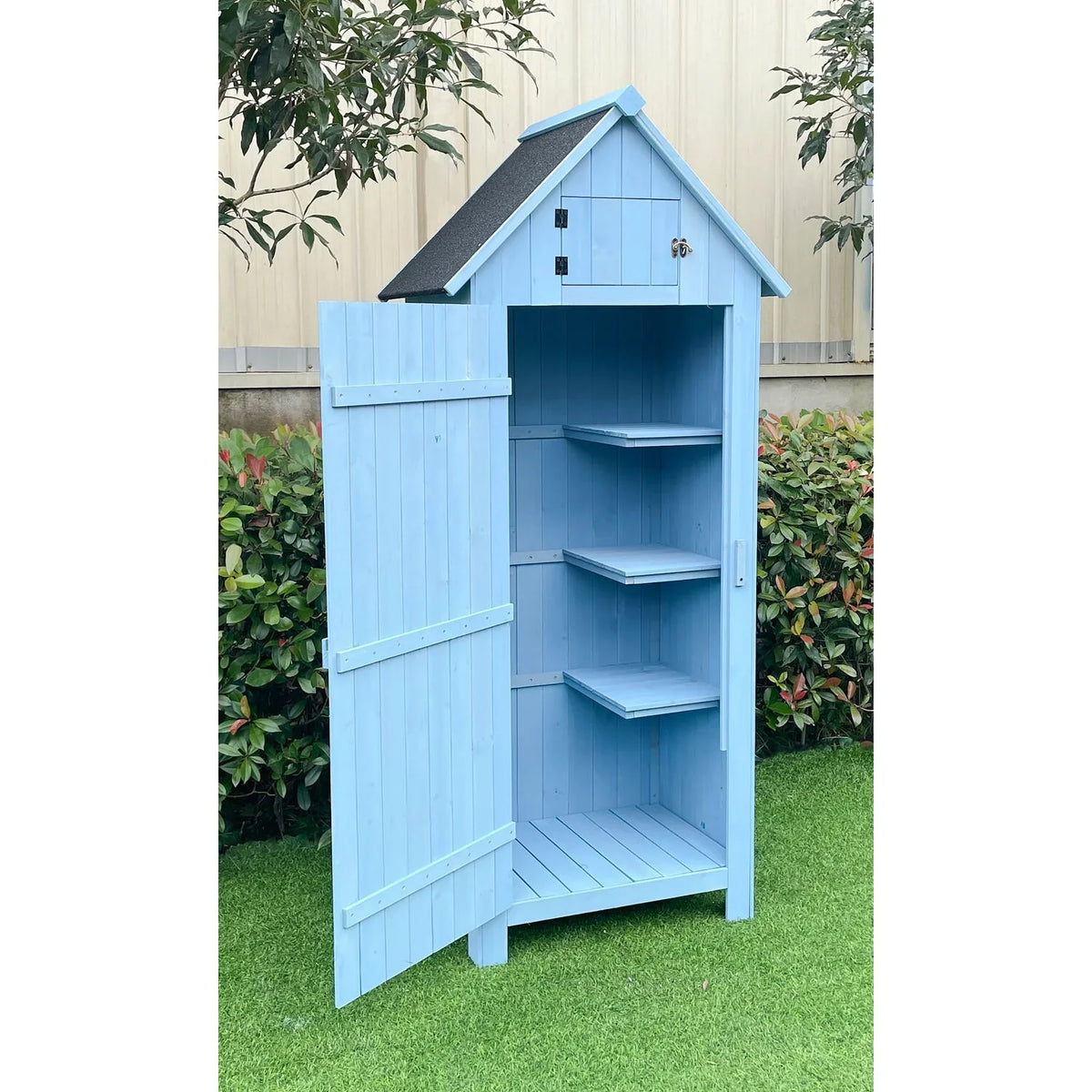 2026 NewHanover Sturdy Durable Waterproof Wood Outdoor Vertical Storage Shed, 70.40"x 30.30"x21.30", Blue