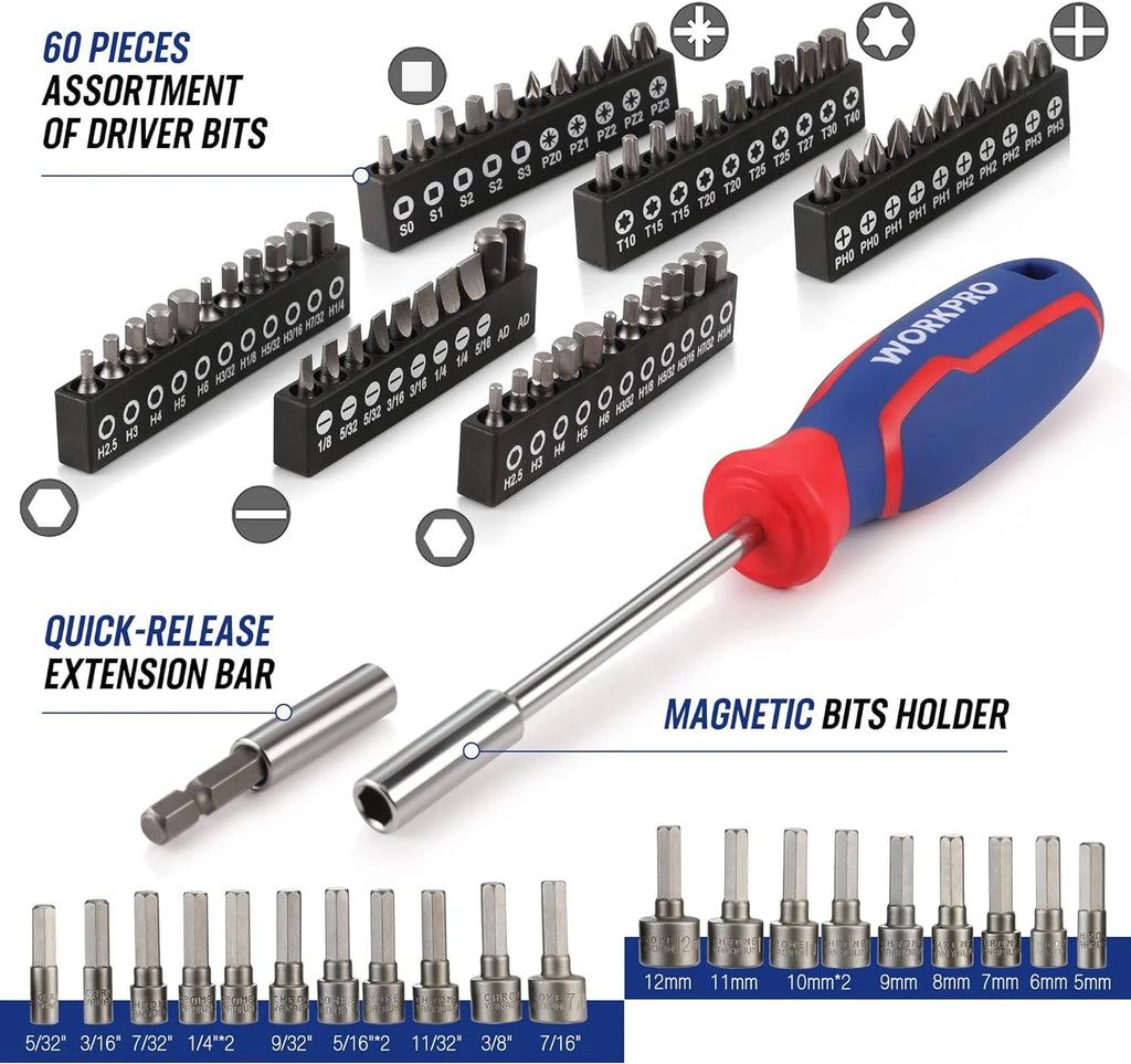 WORKPRO Mechanics Tools Kit and Socket Set, 192-Piece, SAE&Metric, 1/2'', 1/4'', 3/8'' Drive Socket Ratchet Wrench Set with Molded Case