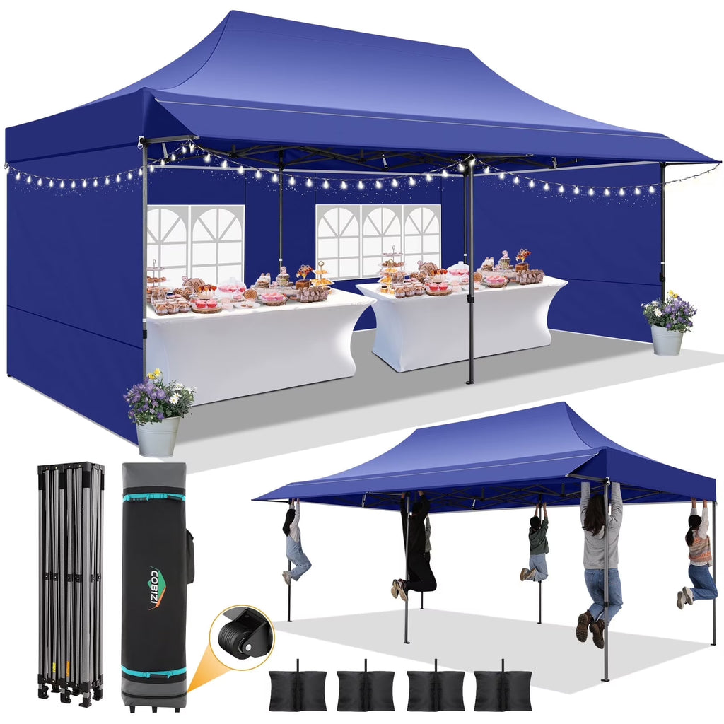 COBIZI 10x20 Pop Up Canopy Heavy Duty Party Tent with Removable Awning and Sidewalls,Easy Up Outdoor Wedding Canopy,Gazebo All Season Windproof&Waterproof with Roller Bag UPF 50+,Black