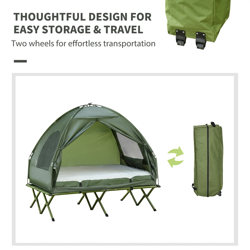 2 Person Foldable Camping Cot with Tent, Bedspread and Thick Air Mattress, 4-In-1 Elevated Camping Bed Tent for Outdoor Hiking, Picnic, Travel