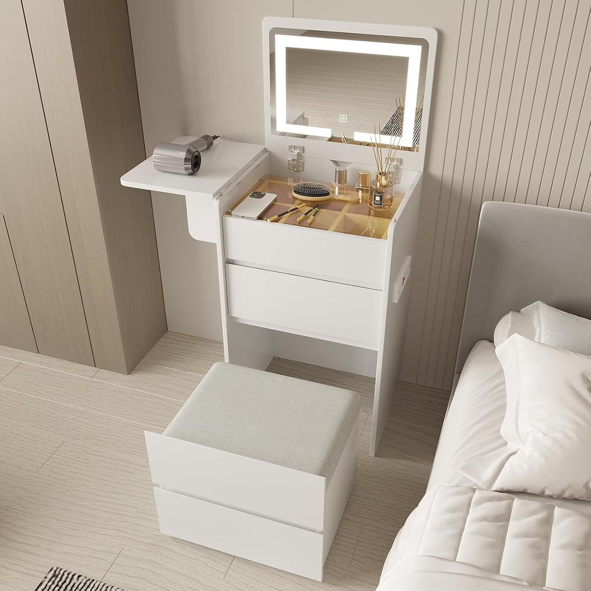 2026 NewVanity Desk with Flip Top Lighted Mirror, Compact Makeup Table with Storage Stool, Integrated Vanity with Drawers, 3-in-1 Vanity Set, Small Dressing Desk for Bedroom