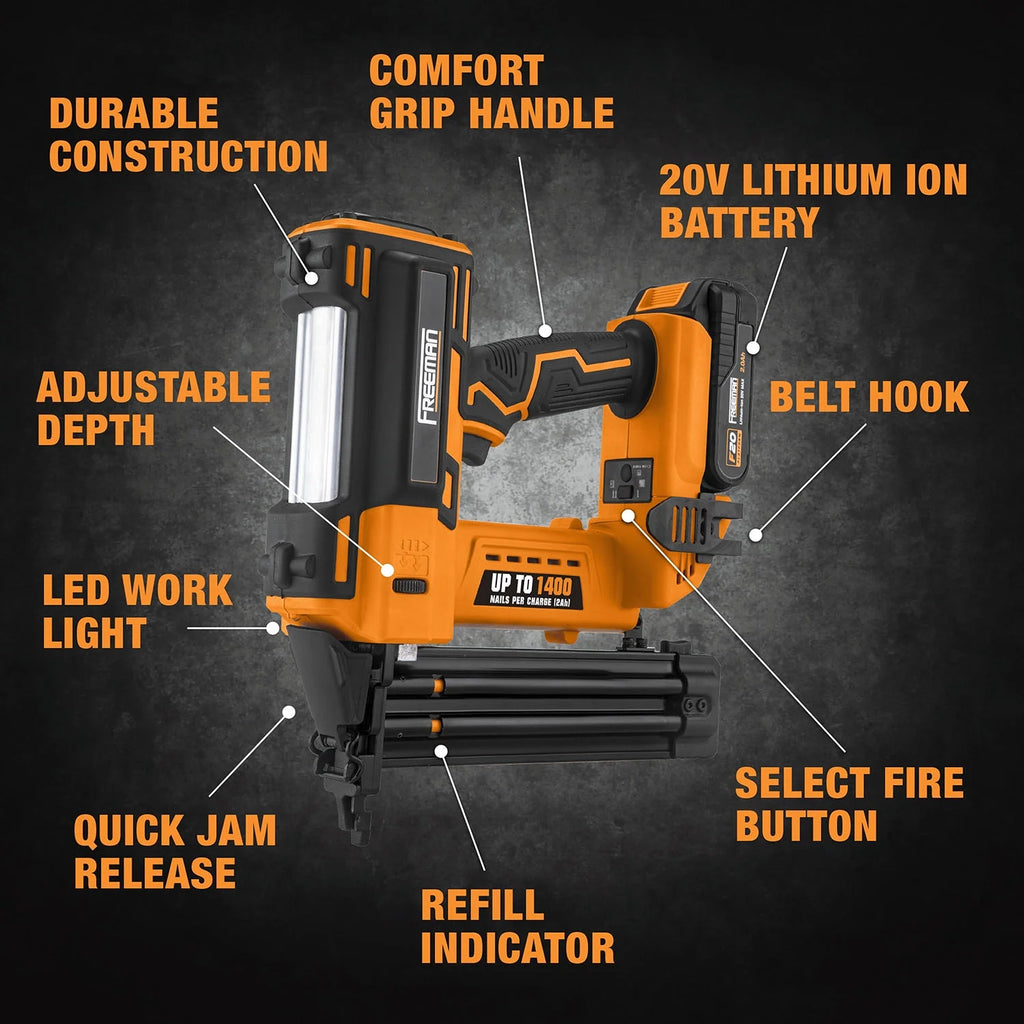 Freeman PE20VBR50 20 Volt Cordless 18-Gauge 2" Brad Nailer Kit with Lithium Ion Battery, Charger, Bag, and Nails (500 Count) -C 1400 Shots per Charge