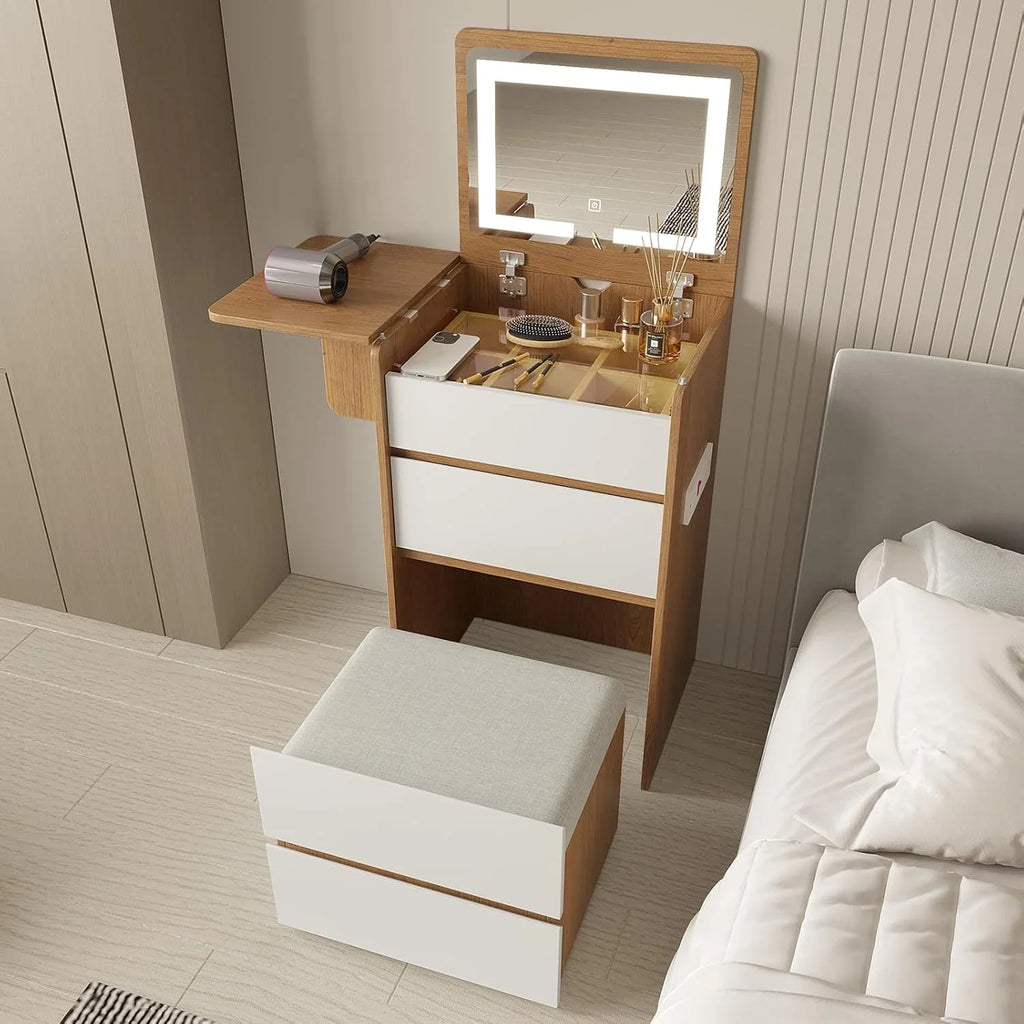 2026 NewVanity Desk with Flip Top Lighted Mirror, Compact Makeup Table with Storage Stool, Integrated Vanity with Drawers, 3-in-1 Vanity Set, Small Dressing Desk for Bedroom
