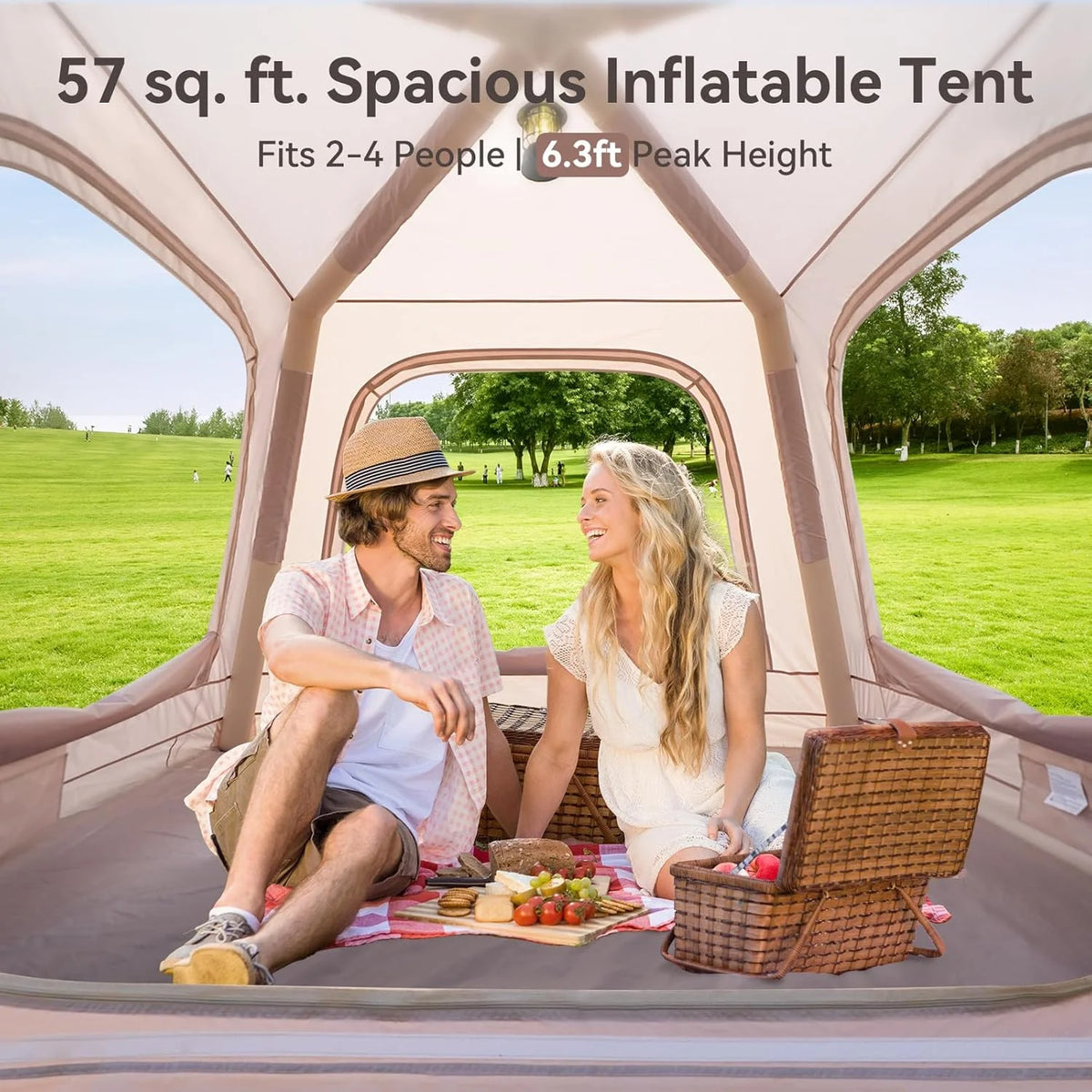 Zikebtuy 2/6/8 Person Inflatable Camping Tent, Easy Setup Blow Up Air Tent with Hand Pump, Waterproof 4-Season Glamping Tent with Large Mesh Windows & Oversized Canopy for Couples, Group & Family
