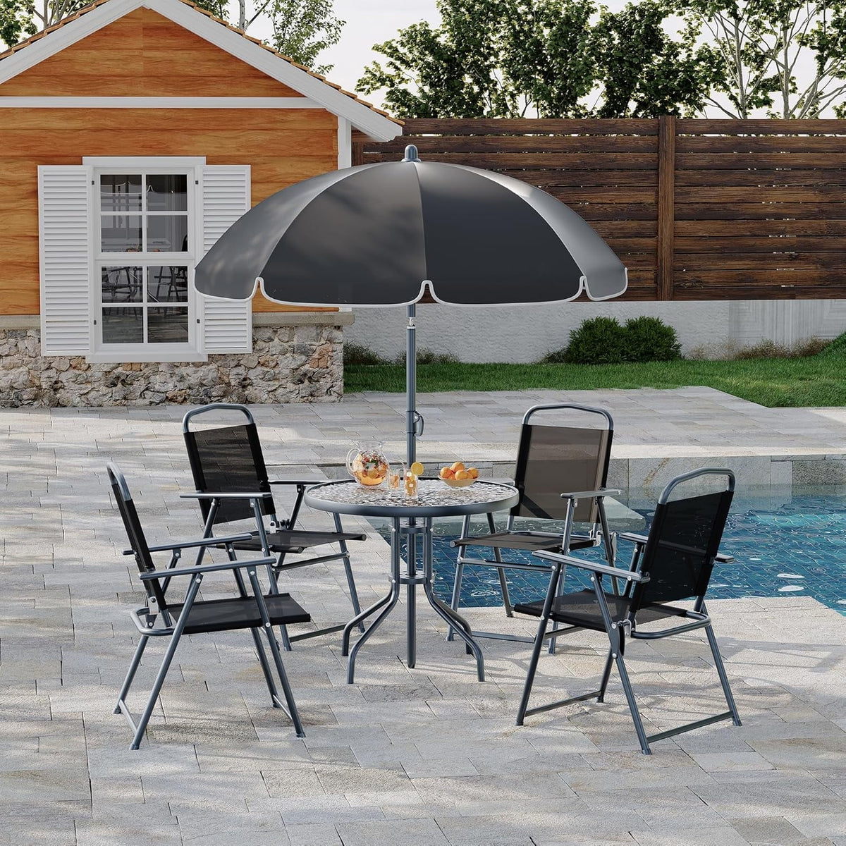 2026 New6 Pieces Outdoor Dining Set With Umbrella, Patio Table and 4 Folding Chairs With Umbrella, Garden Patio Furniture Set With Umbrellas, Tempered Glass Top Dining Table