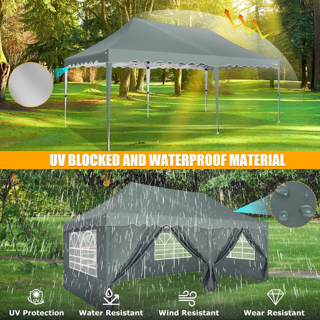 COBIZI 10X20 Pop up Canopy Tent with 6 Removable Side Walls Heavy Duty,Waterproof Adjustable Outdoor Event Party tent Parties,Commercial Instant Portable,Weddings,Camping,with Wheeled Bag,Gray