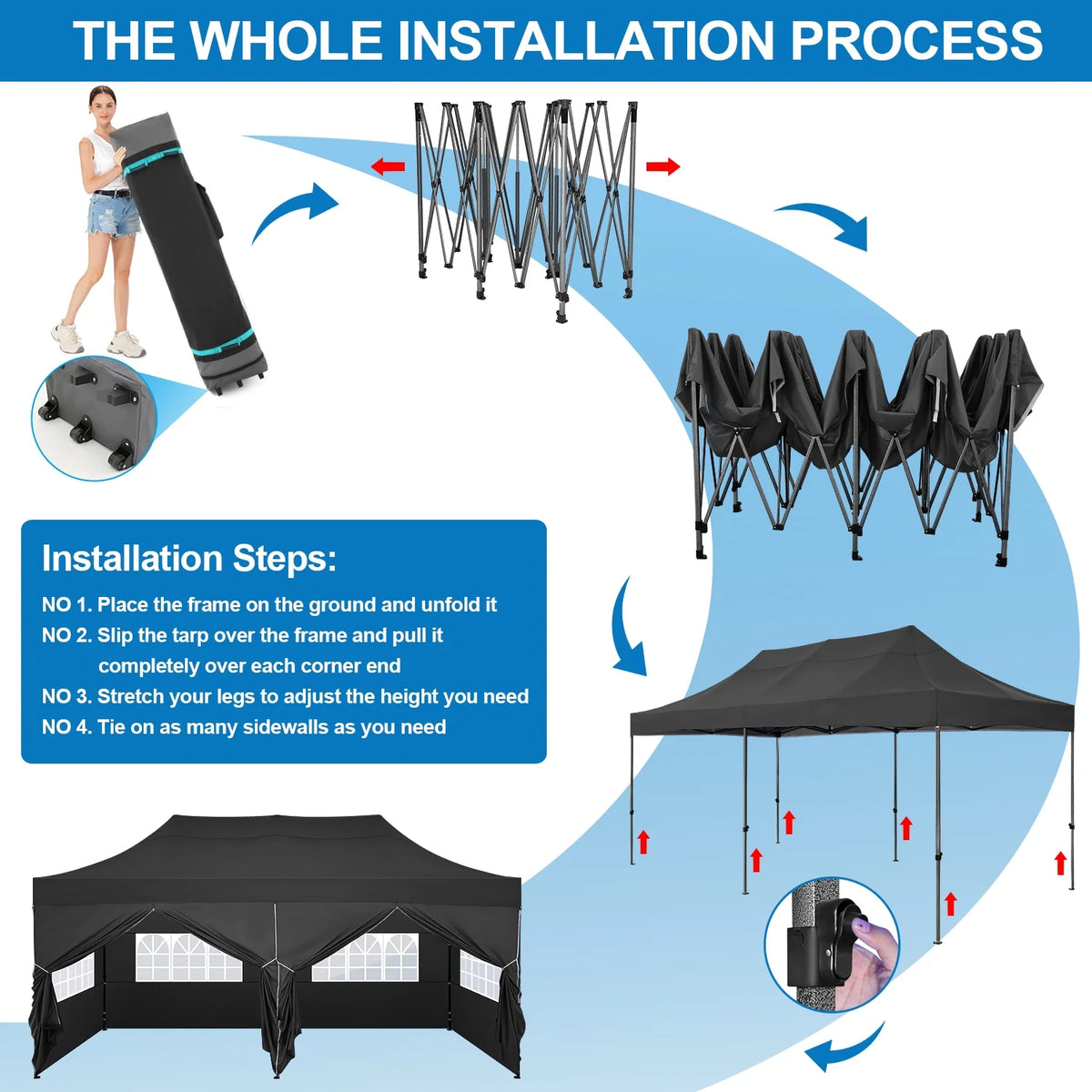 SANOPY 10'x20' Pop Up Canopy Waterproof Folding Tent Outdoor Easy Set-up Instant Tent Heavy Duty Commercial Wedding Party Shelter with 6 Removable Sidewalls, 4 Sandbags, Roller Bag, Black