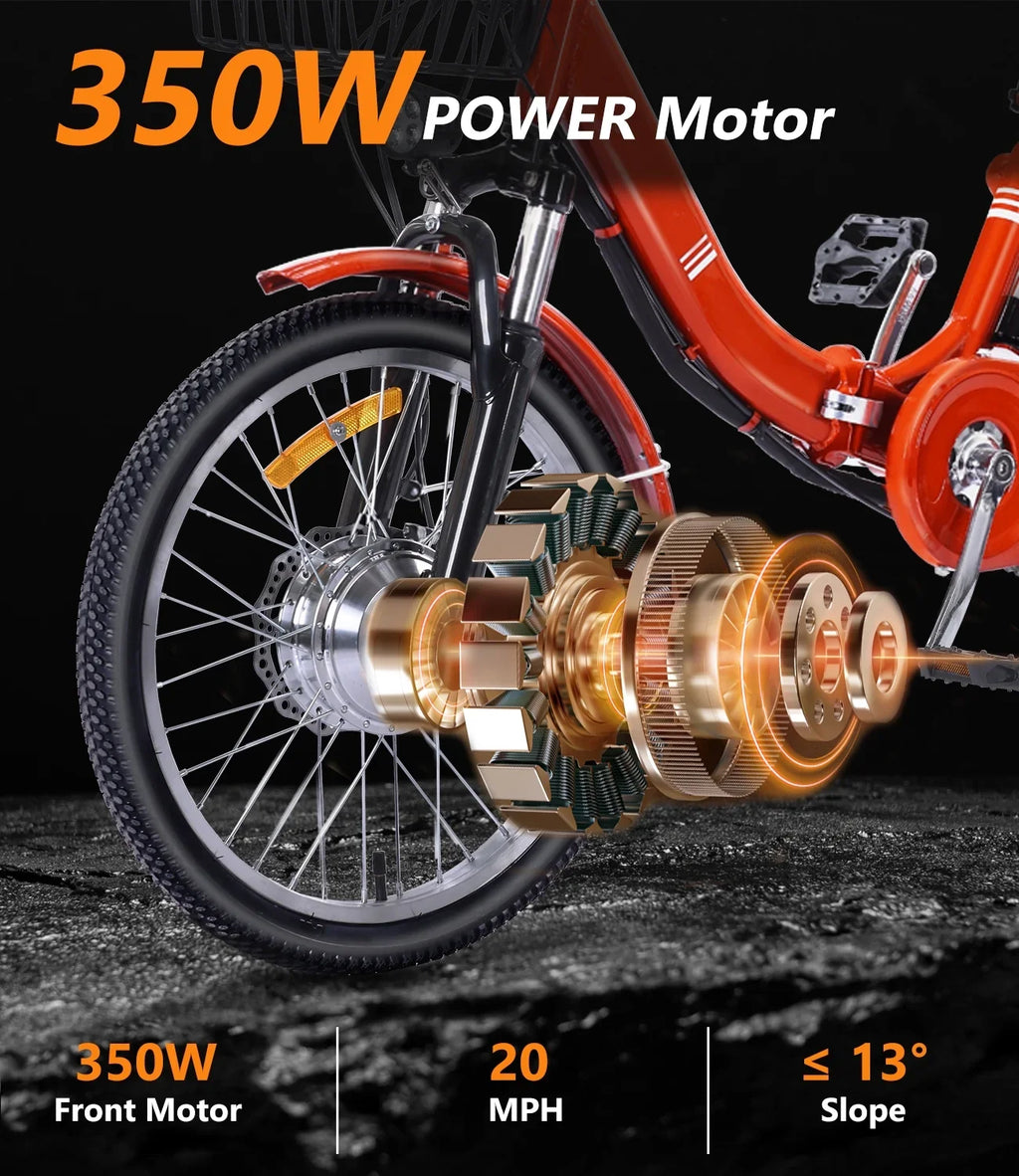 2026 NewNOMIGO Electric Tricycle for Adults Folding Electric Trike 3 Wheel Electric Trike with Two-seater Large Basket Super Powerful Brushless 350W Motor 48V13AH Lithium Battery Max 20MPH E-Tricycle Orange