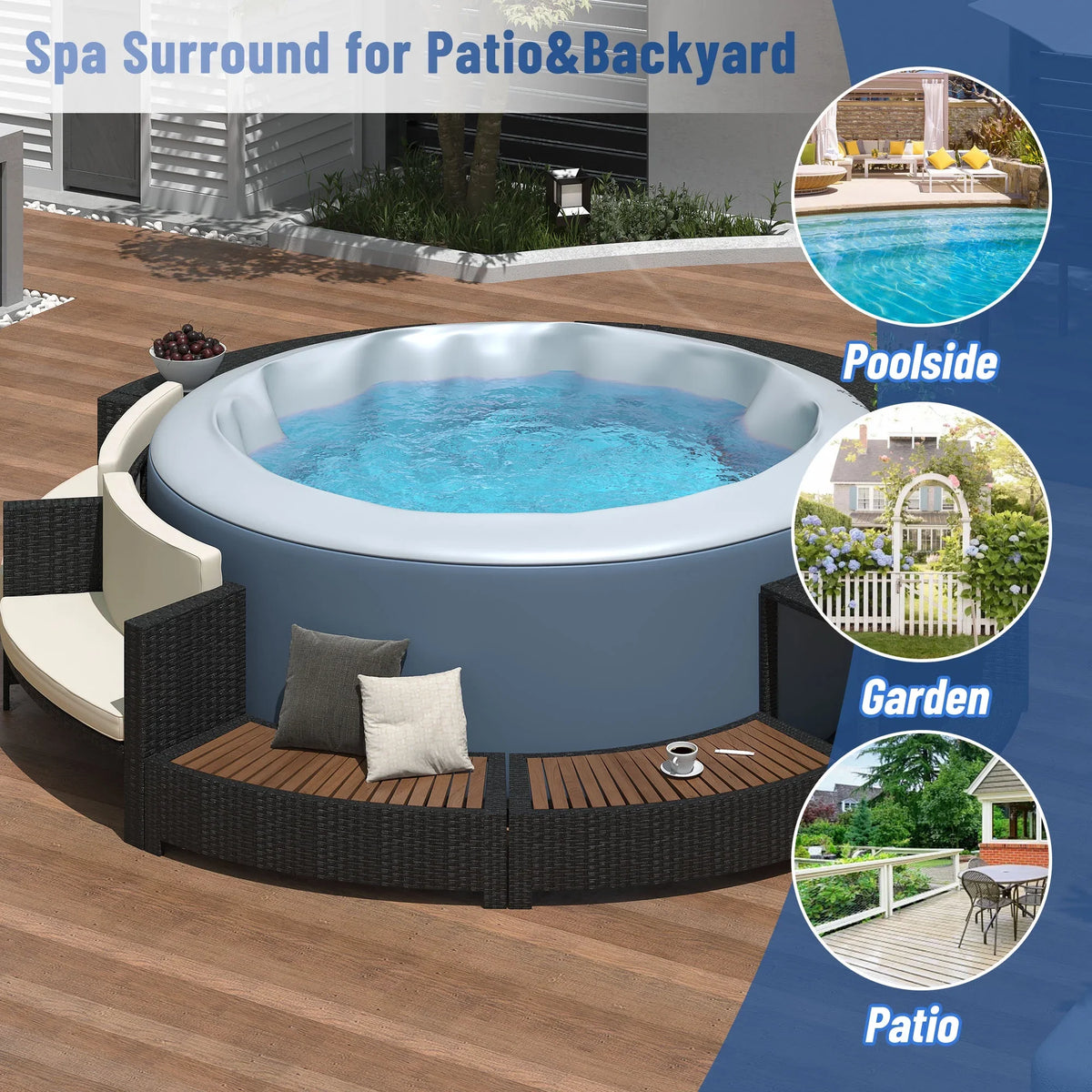 2026 NewRound Hot Tub Surround Furniture, Spa Surround Outdoor Rattan Sectional Sofa Set with Mini Sofa, Solid Acacia Wood Hot Tub Storage Surround Patio Furniture Set, Gray Cushion