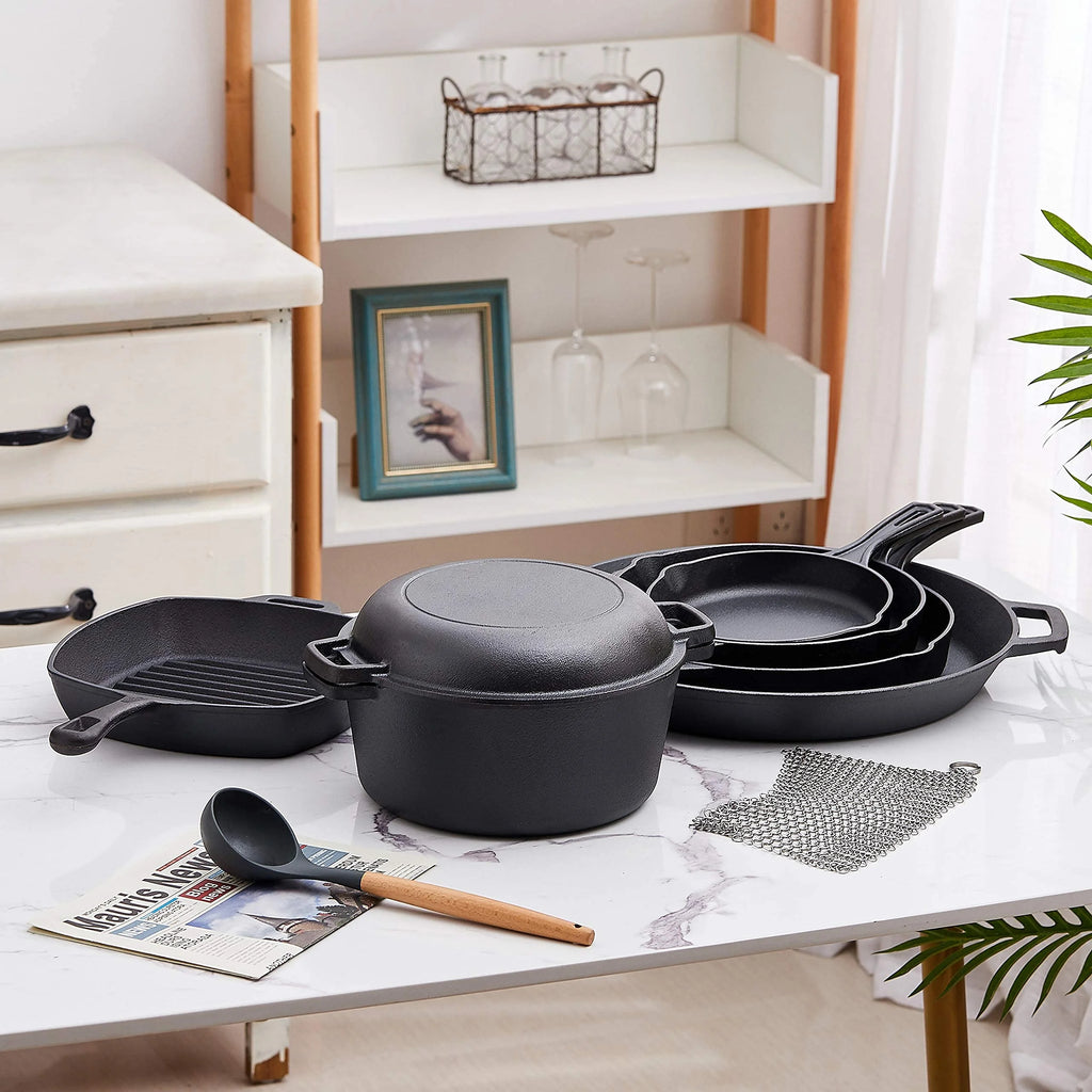 Bruntmor Pre-Seasoned Cast Iron Cookware Set - 8-Piece Bundle with Skillets, Grill Pan, Dutch Oven, Pizza Pan, and Utensils - Durable Pots and Pans Set for Cooking - Ideal Gift for Home or Camping