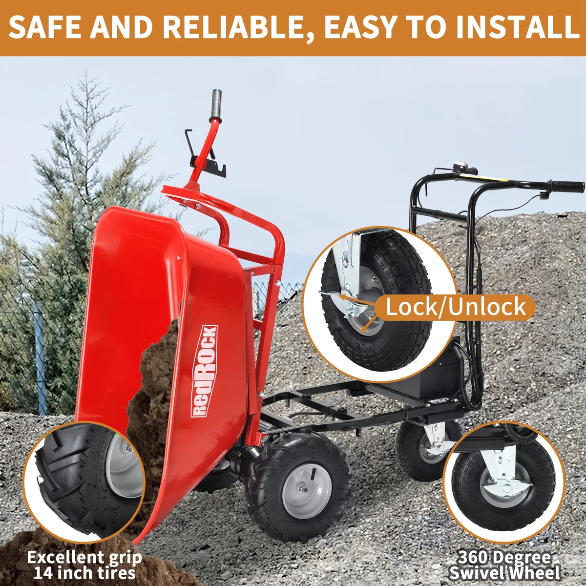 2026 NewRedRock Wheelbarrow Utility Cart Electric Powered Cart 48V28Ah 500W Capacity 500lbs (230kg) Material Debris Hauler 1000lbs Towing