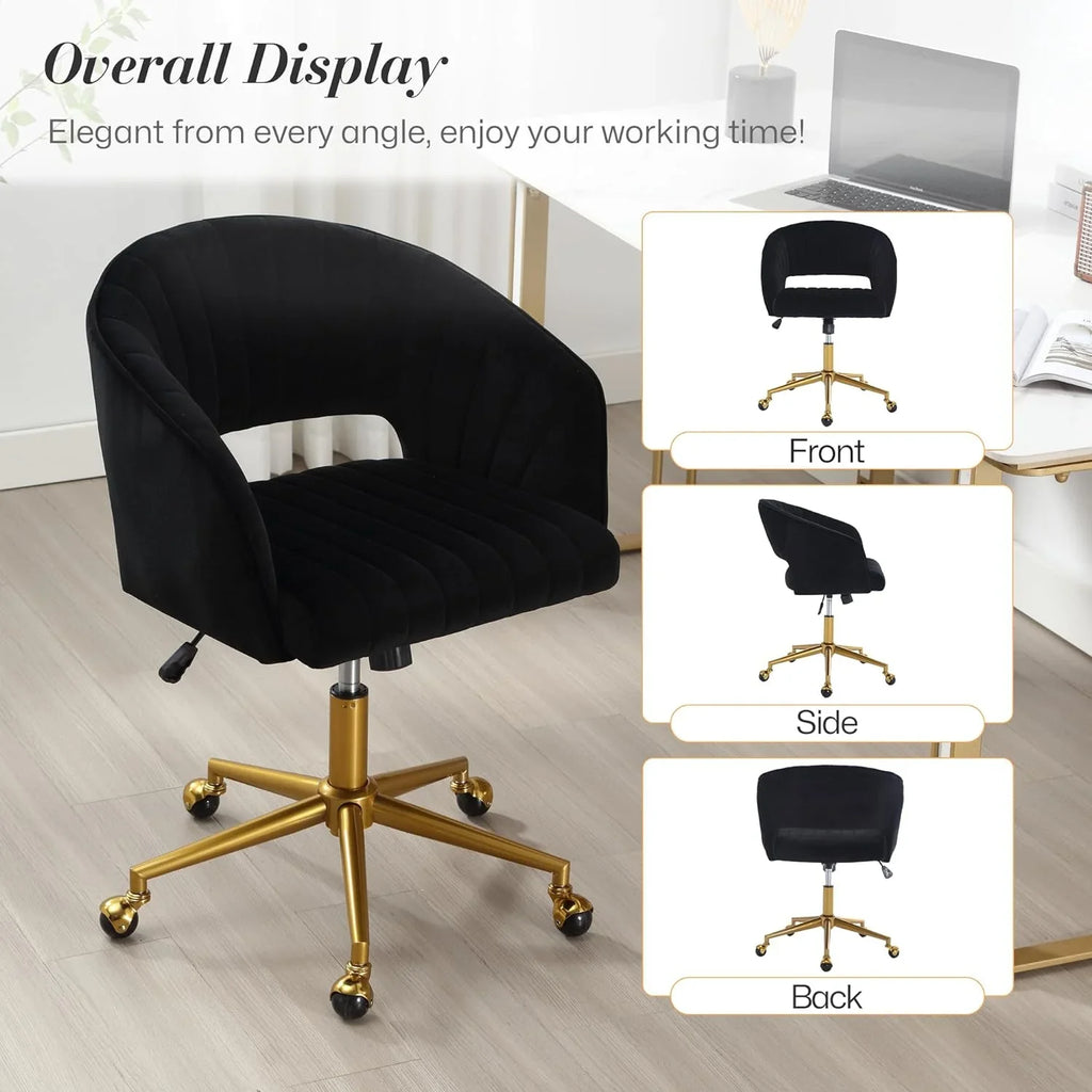2026 NewHome Office Swivel Desk Chair, Modern Velvet Vanity Chair, Height Adjustable Armchair with Gold Base, Ergonomic Office Chair for Task Study Computer Room, Beige