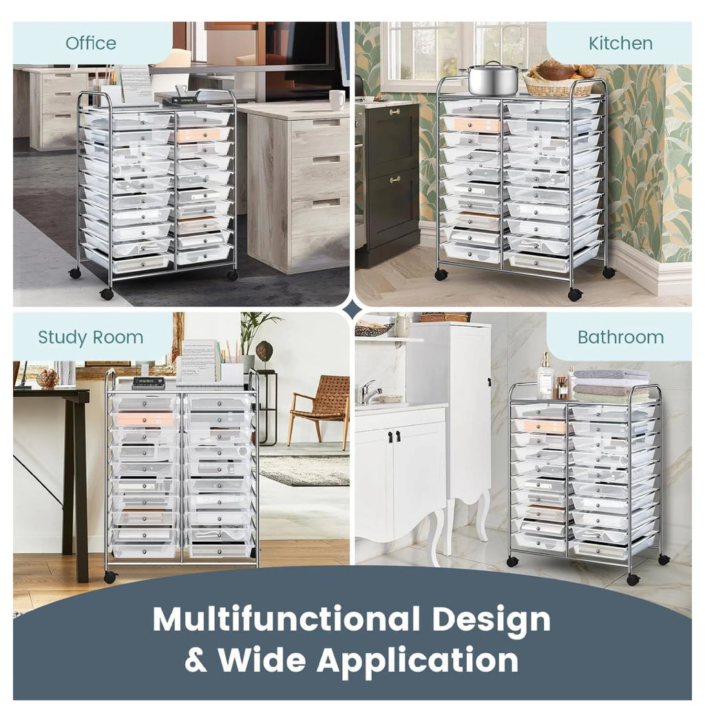 2026 New20 Drawers Storage Cart w/Rolling Wheels, Semi-Transparent Mobile Rolling Drawer Cart for School Classroom Office Home Salon, Files Scrapbook Craft Organizer, Utility Cart on Wheels (Clear)