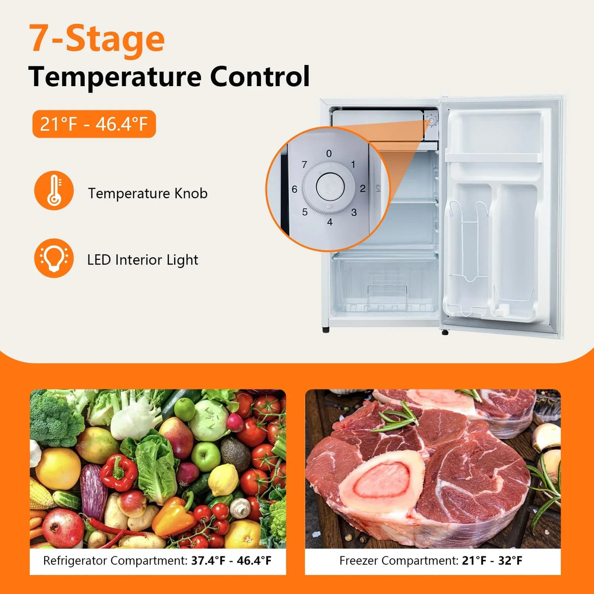 2026 NewMini Fridge with Freezer, 3.2 Cu. Ft Small Refrigerator for Bedroom,7 Adjustable Thermostat,Low Noise,Easy to Storage&Clean Single Door,Refrigerator For Home, Office, Dorm, Garage or RV